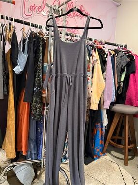 BUCKETLIST Waffle-Knit Wide-Leg Jumpsuit in Slate Blue-Gray L